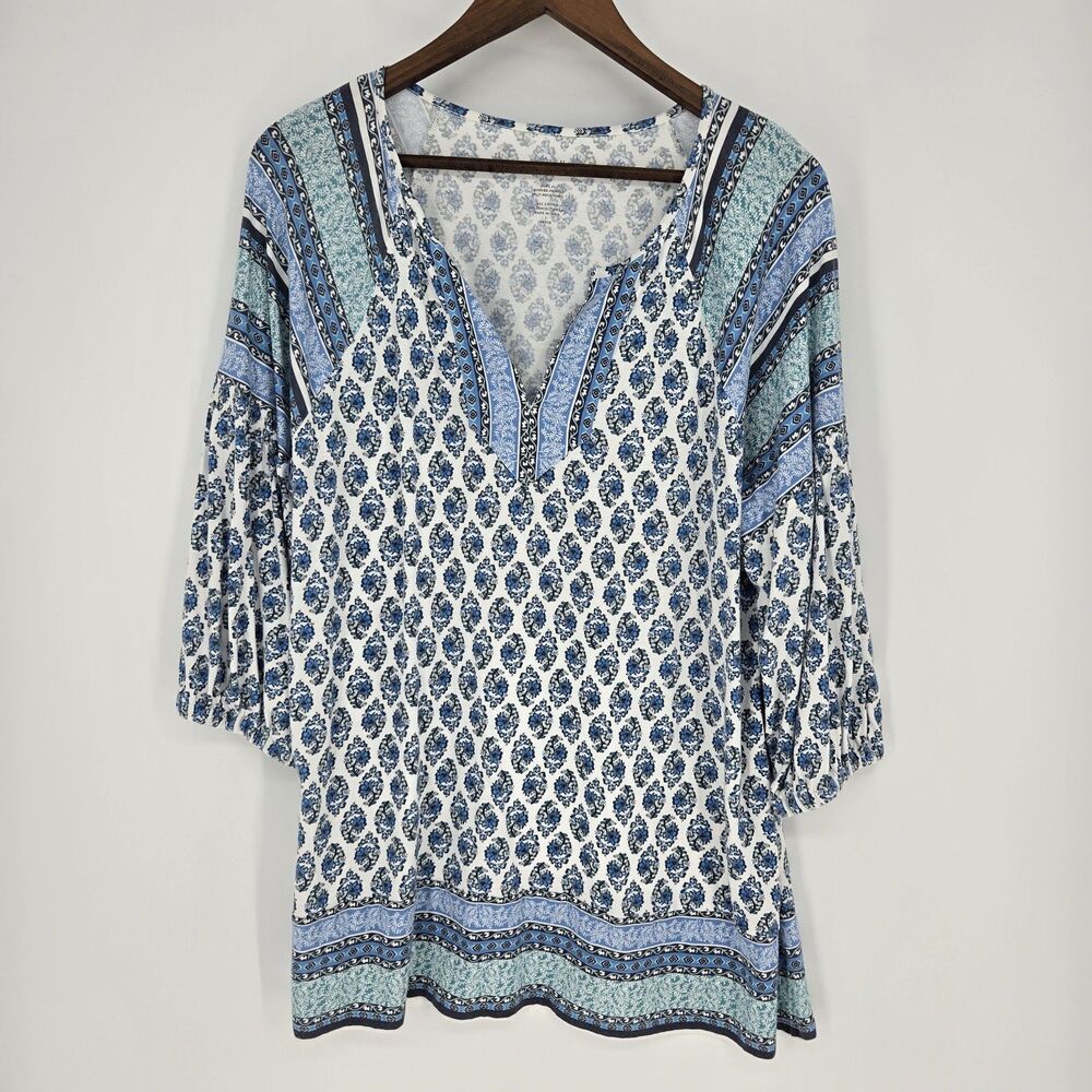 Pure Jill Border Printed Split Neck Tunic Boho Maximalist Large Petite